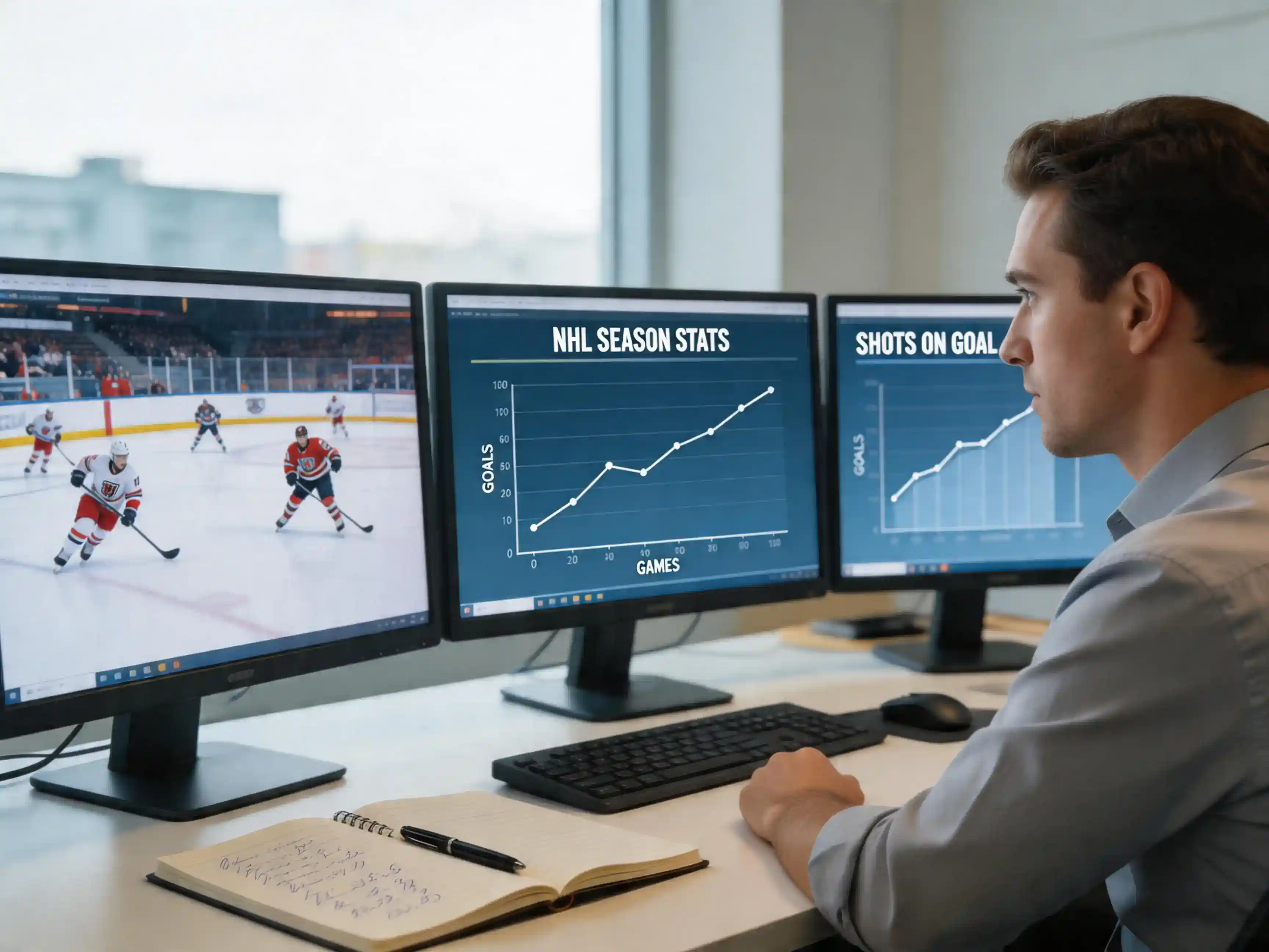 Analista revisando estadísticas de hockey NHL