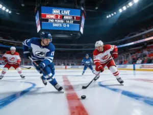 Partido de hockey NHL en progreso con pantalla de apuestas en vivo