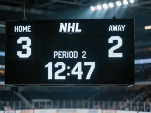 Reloj de período de hockey NHL mostrando marcador parcial