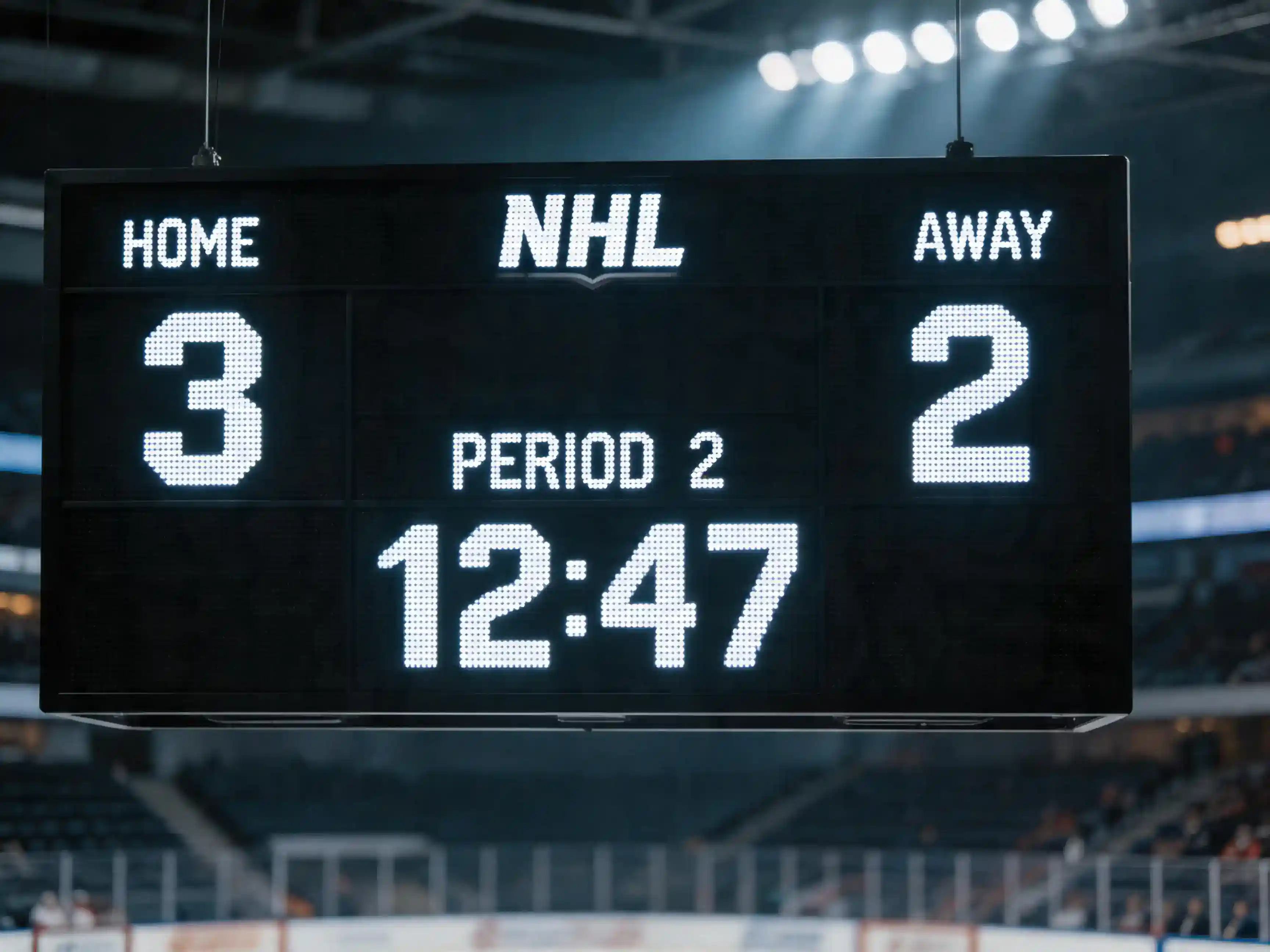 Reloj de período de hockey NHL mostrando marcador parcial