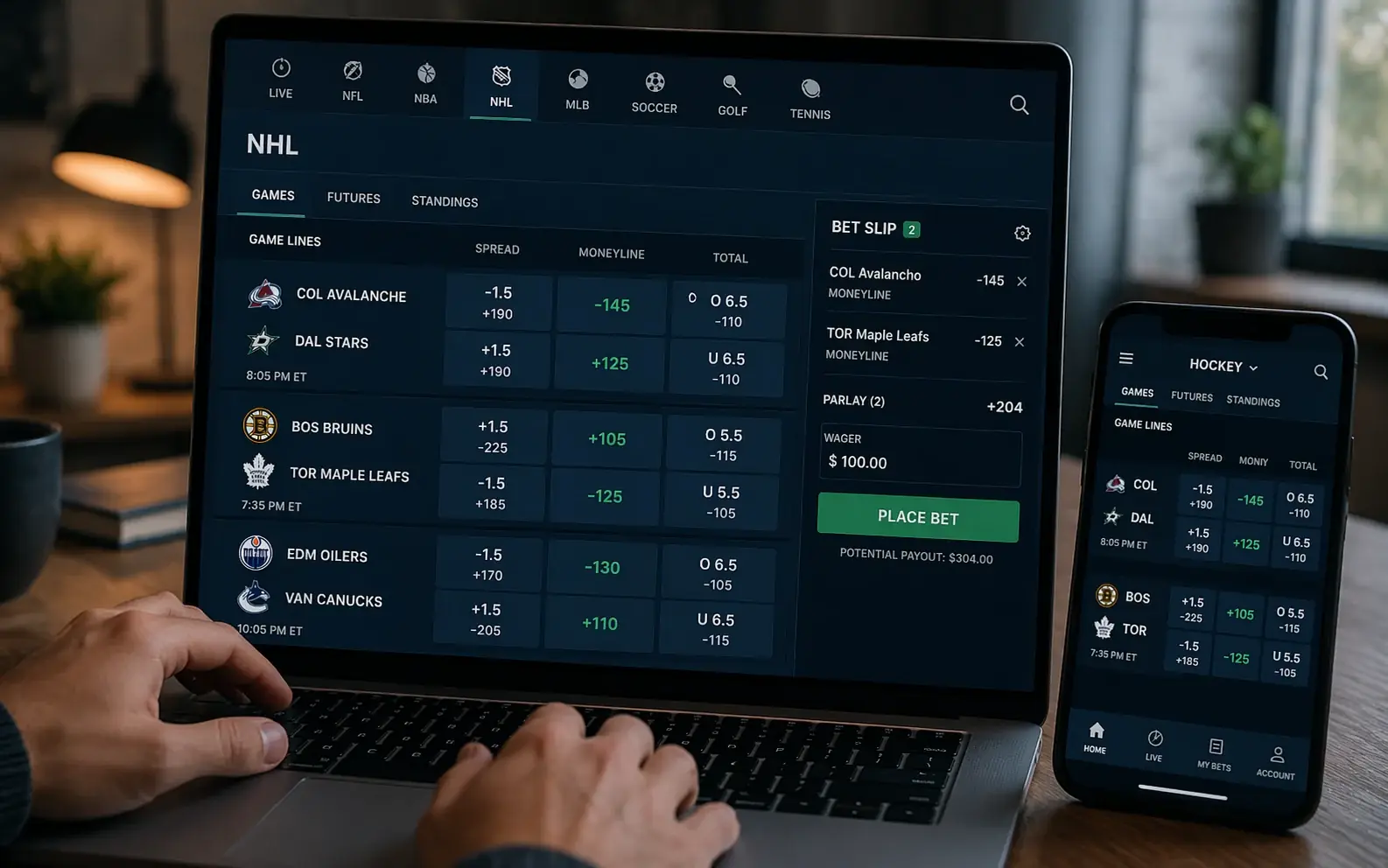Pantalla con cuotas y momios de apuestas de hockey
