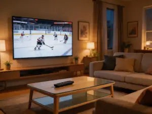 Televisor mostrando partido de hockey NHL con control remoto