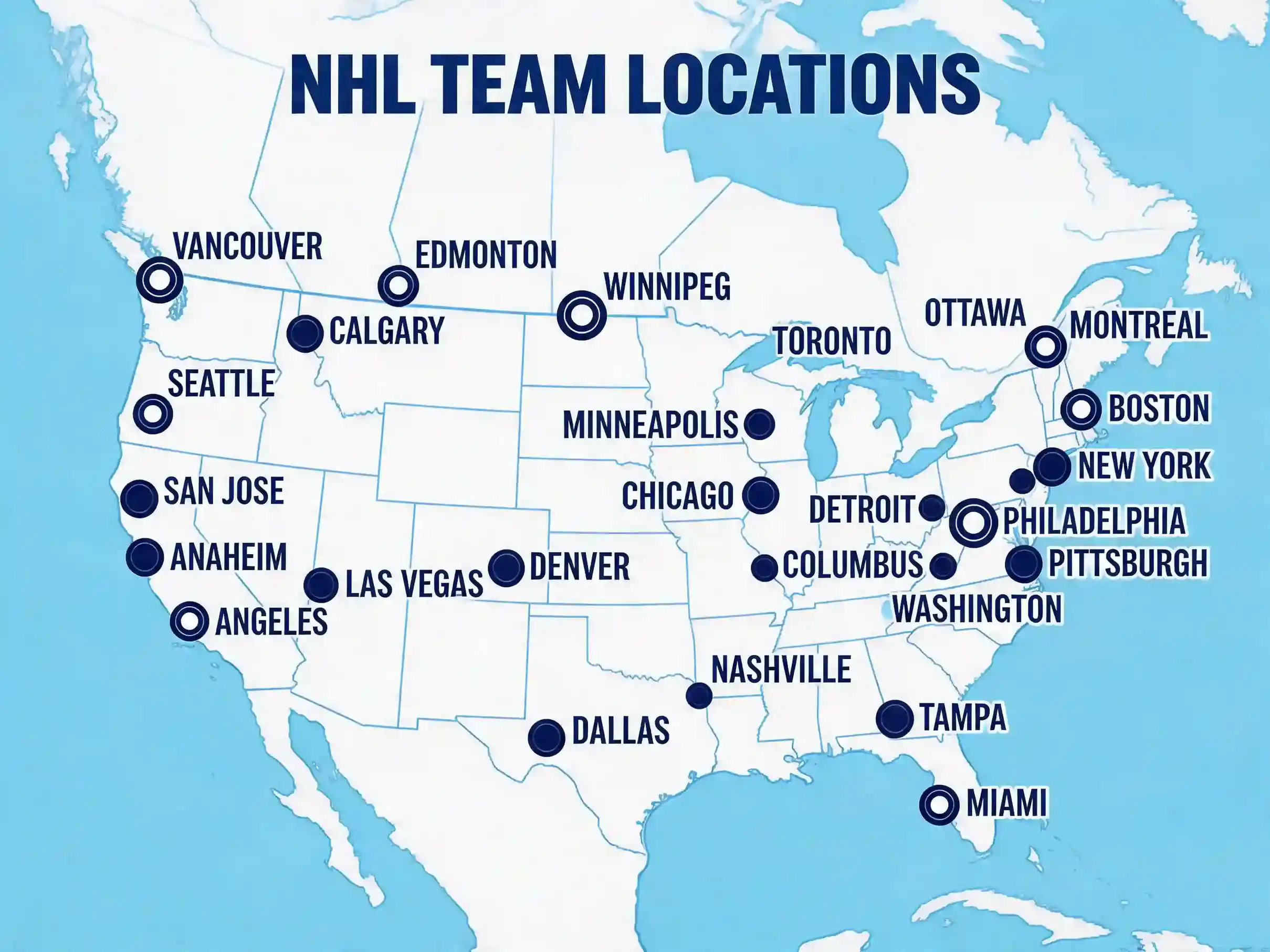 Mapa de ubicaciones de los 32 equipos de la NHL