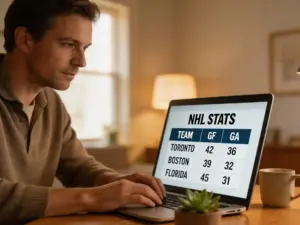 Apostador revisando estadísticas de hockey en laptop