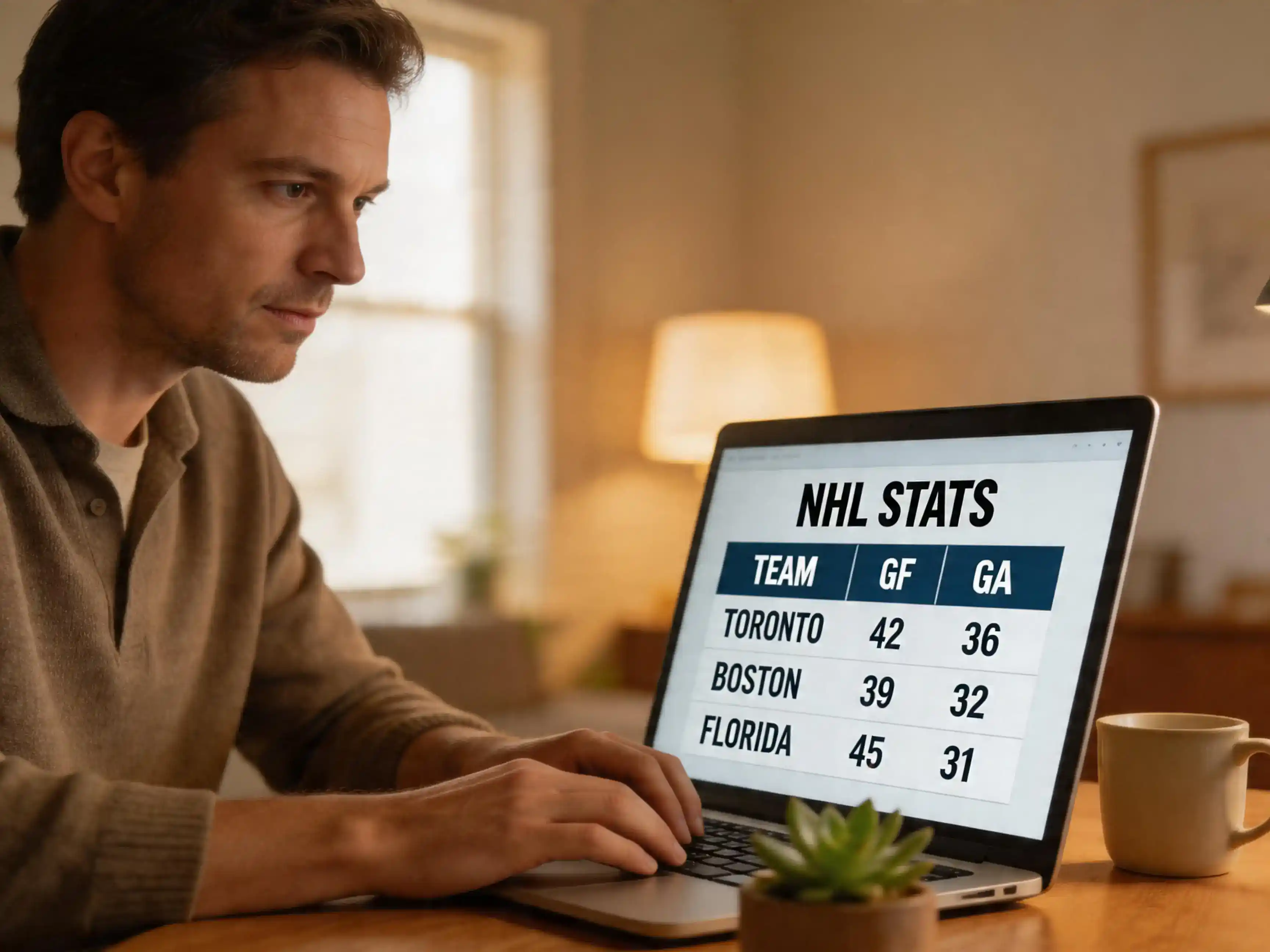 Apostador revisando estadísticas de hockey en laptop