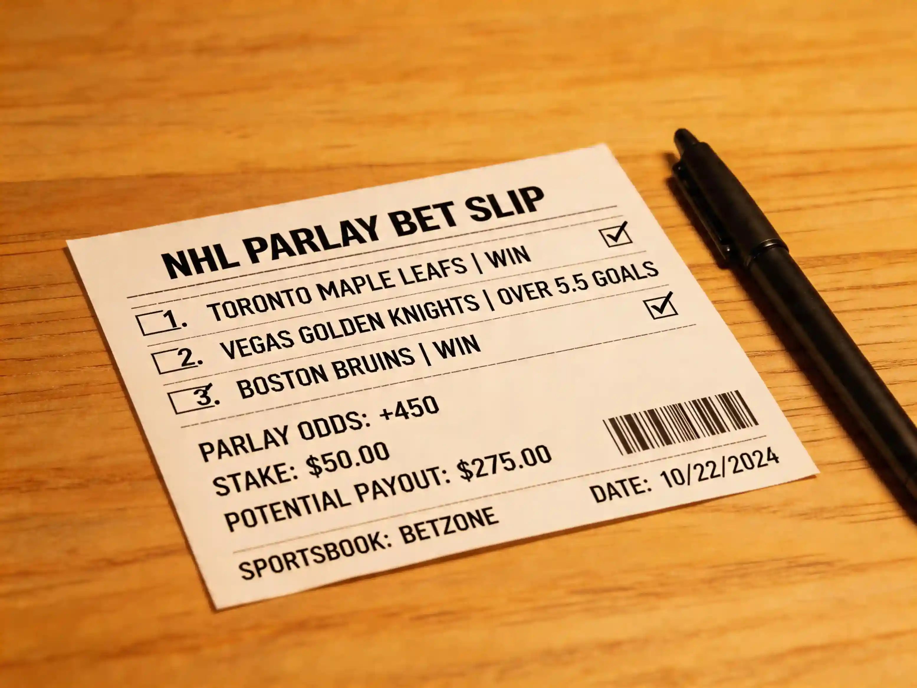 Boleto de apuesta parlay de NHL con múltiples selecciones