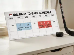 Calendario de temporada NHL mostrando partidos consecutivos