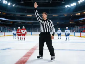 Árbitro de hockey NHL señalando una penalización durante el partido