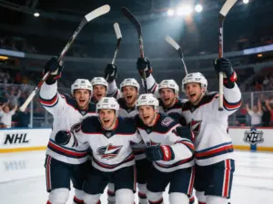 Equipo de hockey NHL celebrando victoria inesperada