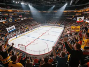 Arena de hockey NHL llena de aficionados locales apoyando a su equipo